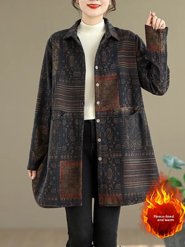 Manteau chaud mi-long pour femme, imprimé rétro, doublé de Fce, grande taille, Long, Sve, bouton unique, col tournant, Cardigan ouvert Sli