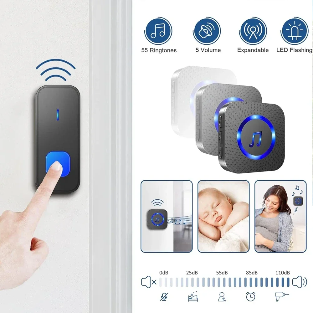 Wireless Doorbell Home Doorbell Intelligent 55 Songs 5 Volume Waterproof Smart Door Bell Colorful LED Flashing Security Doorbell