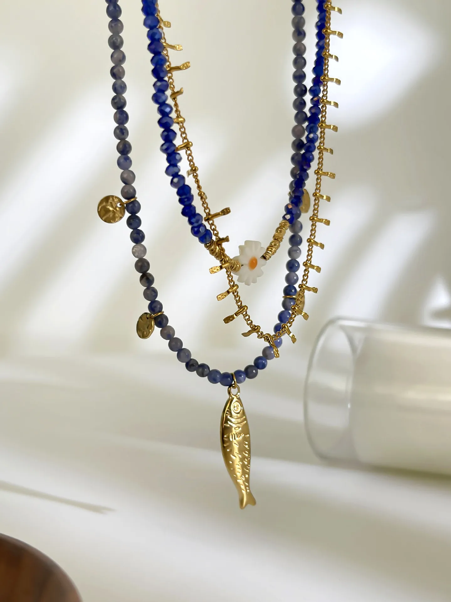 Ocean Fashion Jewelry Natural lapis lazuli spinel bead necklace women's summer  Metal Fish Pendant versatile accessory