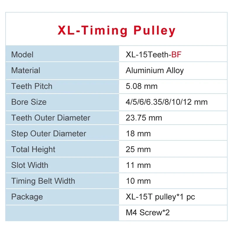 XL 15T Timing Pulley Bore 4/5/6/6.35/7/8/16 mm Teeth Pitch 5.08mm Aluminum Pulley Wheel Teeth Width 11mm For 10mm XL Timing Belt