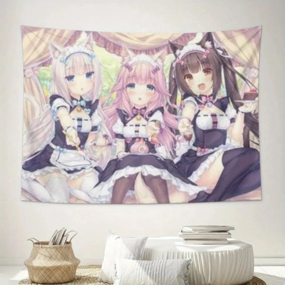 ZLIENSZUS Nekopara Anime Wandbehang Wandteppich erforderlich beruhigende Magd Katze Mädchen Kunst für Büro Arbeitszimmer Schlafzimmer – maschinenwaschbar