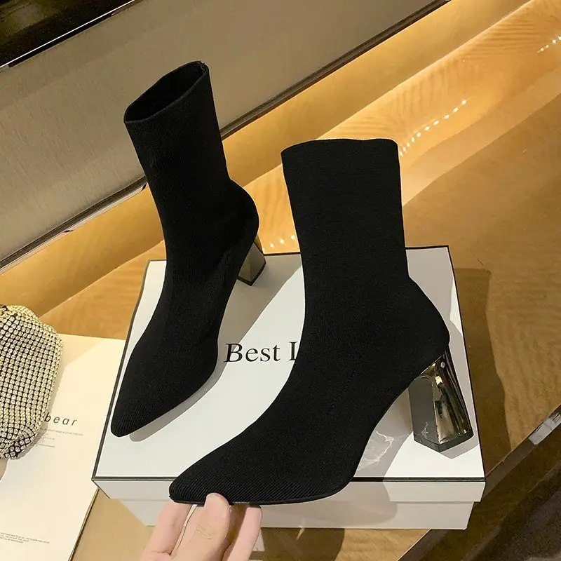 Pointed Elastic High Heel Socks Boots Women\'s Shoes 2024 Trends Fashion Knitted Breathable Slim Thick Heel Short Boot Black Sexy