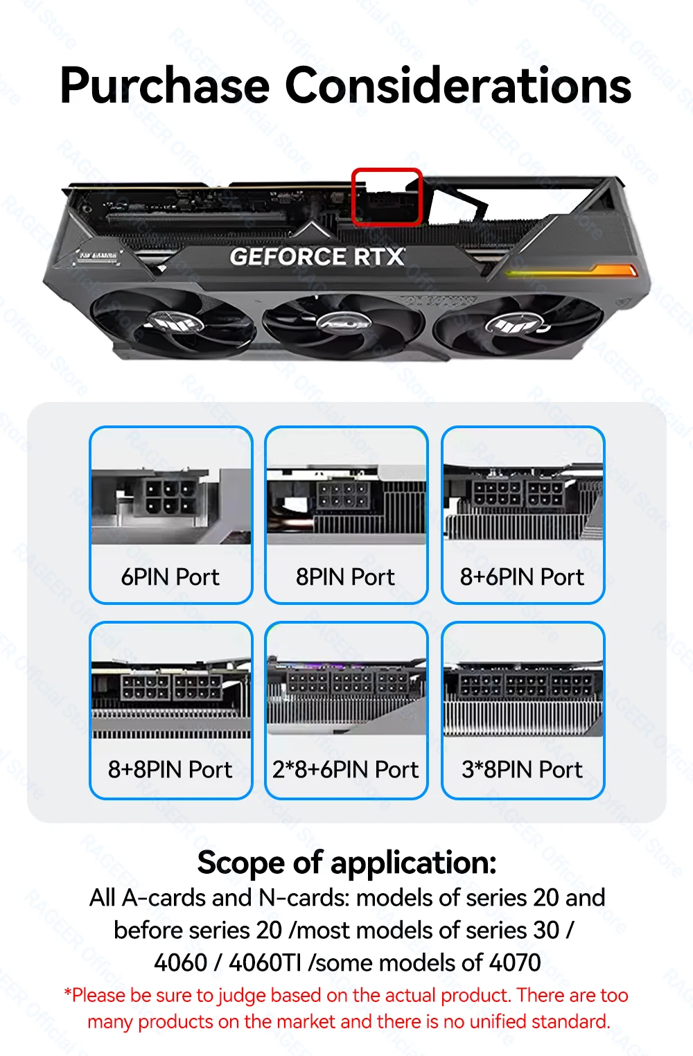 RAGEER Netzteil-Verlängerungskabel-Set, Motherboard, ATX, 24-polig, GPU, PCI-E, 6 + 2-polig, 8-polig, CPU, EPS, 4 + 4-polig, 18 AWG, Netzkabel mit Kämmen – Detail 3