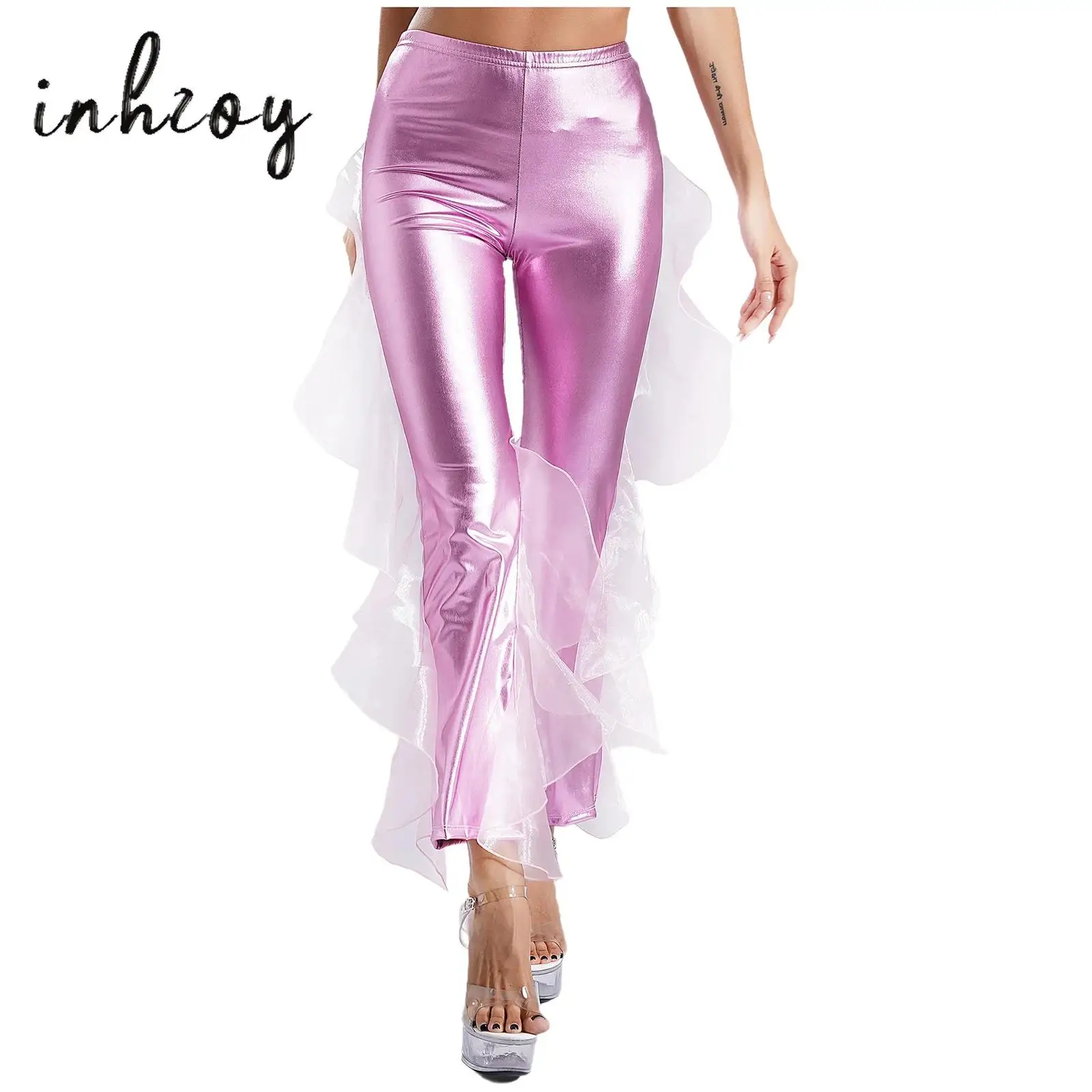 Women 70s Disco 80s Dance Pants Hippie Costume Metallic High Waist Ruffle Trim Flared Pants Bell Bottoms Trousers Mermaid Pants
