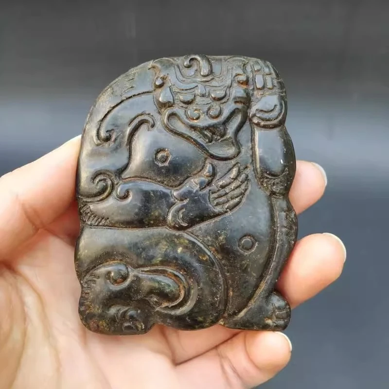 Chinese Hongshan Culture Iron Stone Meteorite Carved Animal Pixiu Beast Pendant