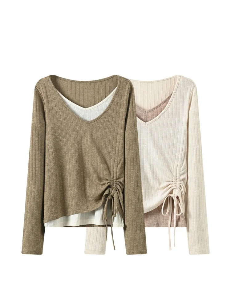 

Свободный вязаный топ с V-образным вырезом и длинными рукавами для женщин больших размеров, повседневный, весенний, модный, в стиле lazy, асимметричный, без структуры