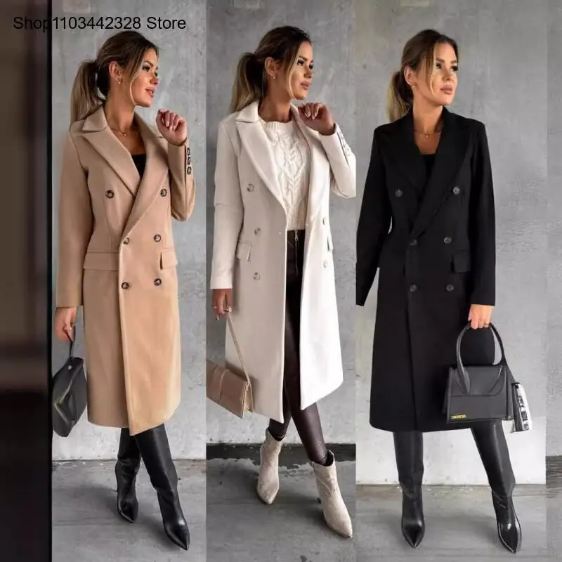 Women's New Coat Independent Station Wish Amazon Long Sleeved Double Breasted Woolen Coat
