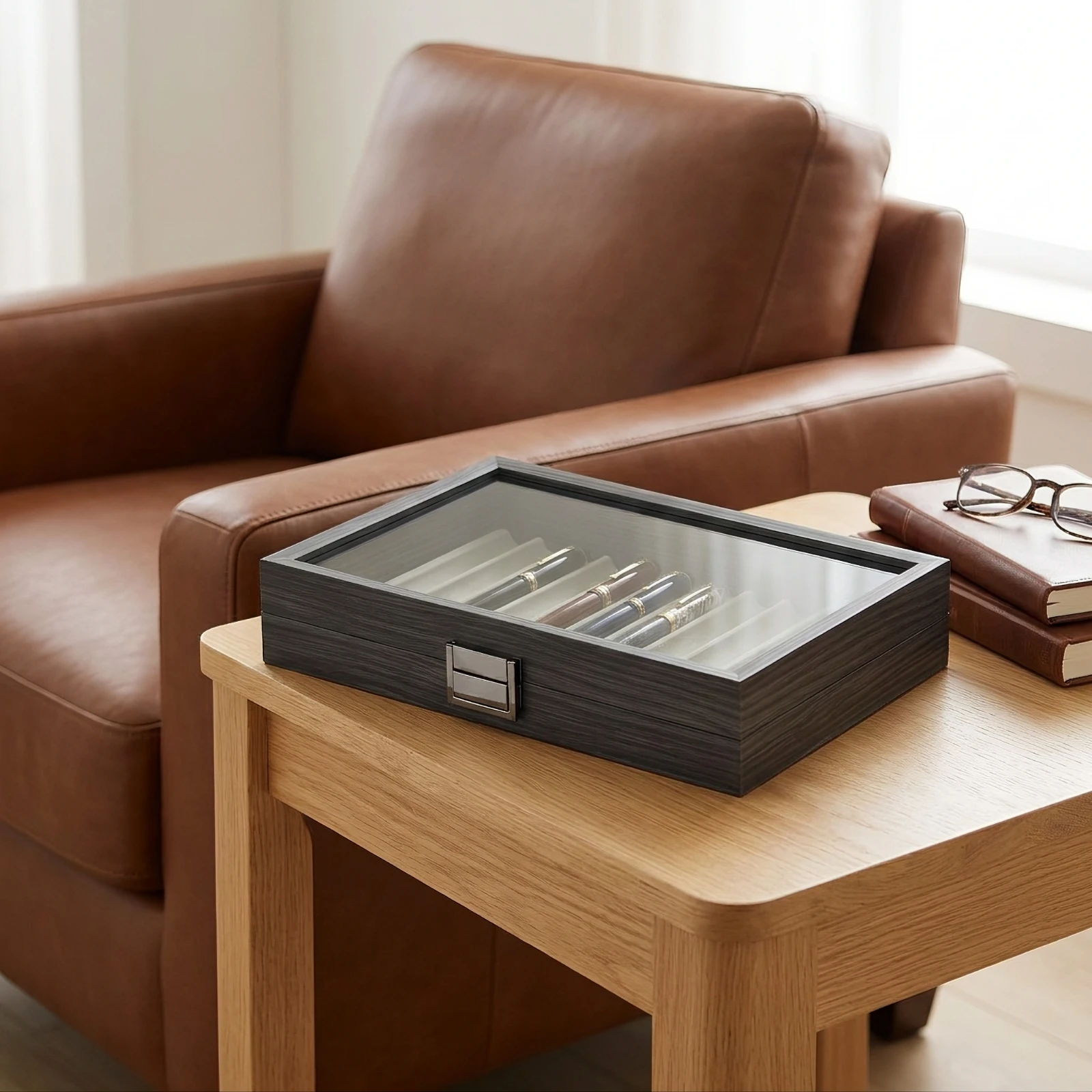 Pen Display Box with Clear Lid Ebony-Grain Pen Display Box Premium Luxury for Collectors, Desk Organization, Office