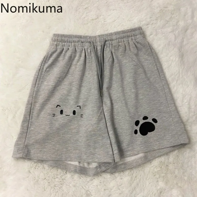 Black Shorts Women Cute Cat Paw Print Casual Fashion New Bottoms Loose Summer Japanese Y2k Shorts Pantalones Cortos De Mujer