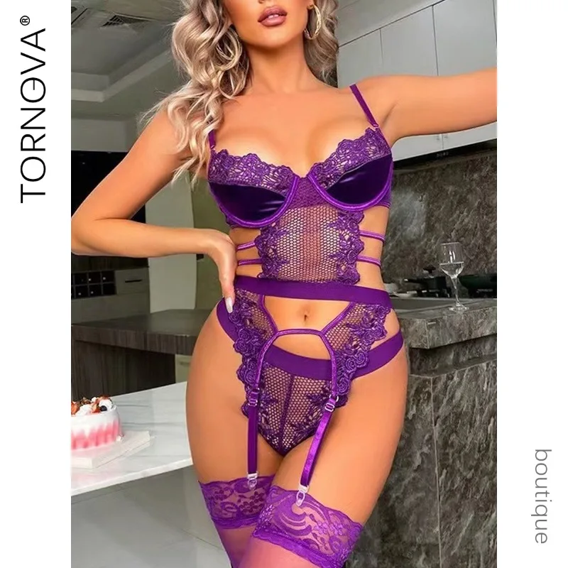 

Tornova Sexy Lingerie Onesie Suit for Women Solid Color Mesh See-through Women's Backless Sexy Garters Lace Underwear Suit New