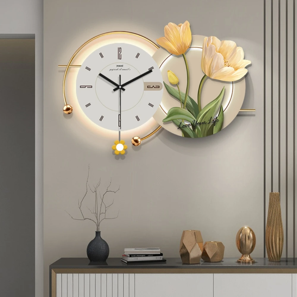 Light luxury wall clock modern minimalist living room clock fashion creative restaurant flower decoration hanging painting clock