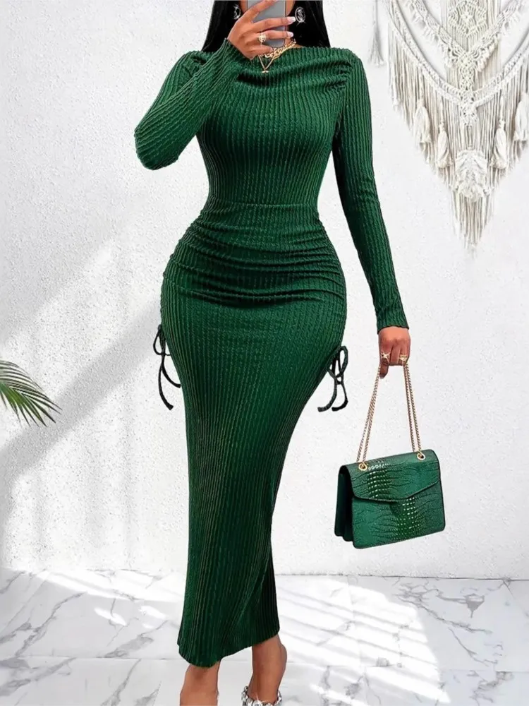 

Dress Solid Color Vestidos Knitted Dresses 2025 Woman One Line Neck Long Sleeves Leace-up Package Hip Vintage Simple Style Slim