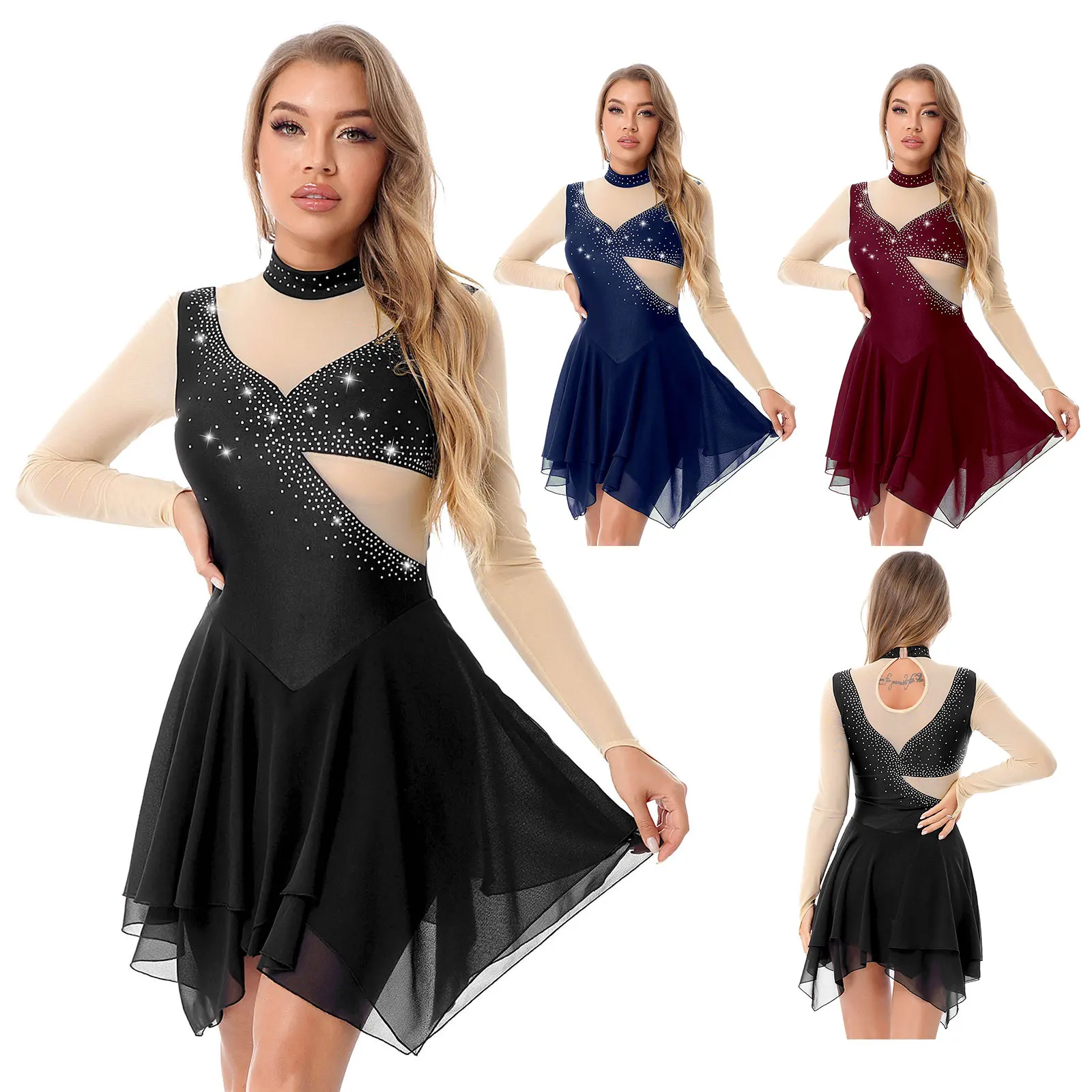 Frauen Ballett Trikot Kleid Erwachsene Lyrical Dance Kostüm Lange Ärmeln Gymnastik Figur Skating Dance Kleid für Bühne Leistung