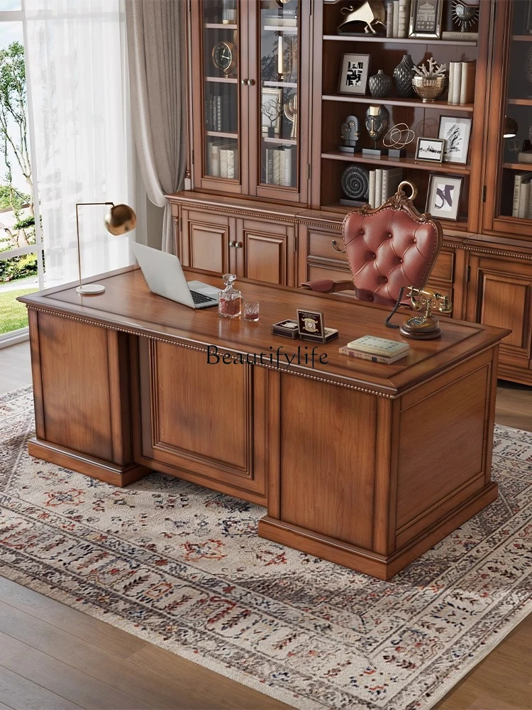 4*American all-solid wood log household five-drawer boss table desk writing desk furniture