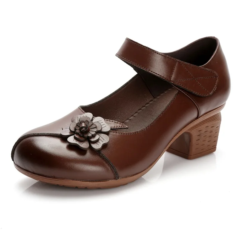 Zapatos de tacón concisos con flores para mujer, tacones Vintage, zapatos de piel auténtica para mujer, zapatos de tacón grueso Mary Jane, sandalias