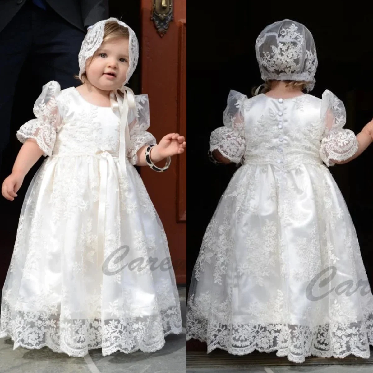 

Lace Baptism Christening Gown With Bonnet Long Outfit Baby Girls White Birthday Gown Newborn Kids First Communion Dress