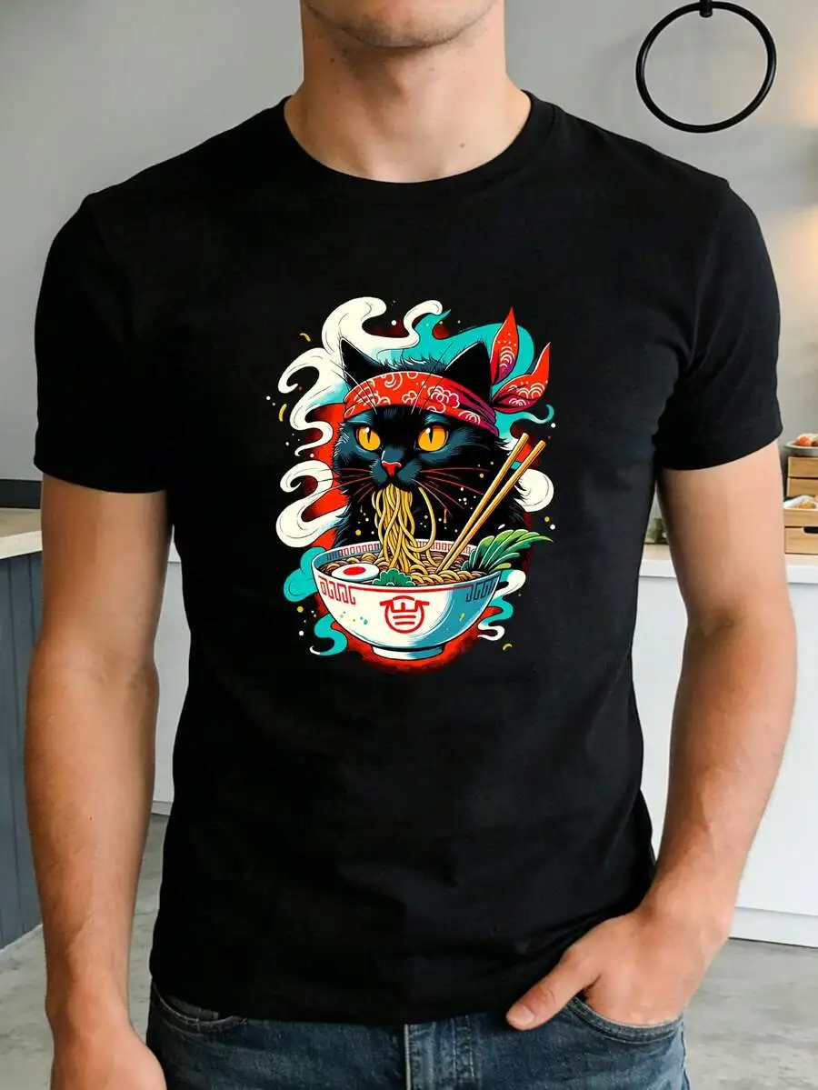 Cat Ramen Japanese Anime Cute Cat T-Shirt, Men's Fashion Cotton Round Neck Casual Letter Print T-Shirt, Soft Touch