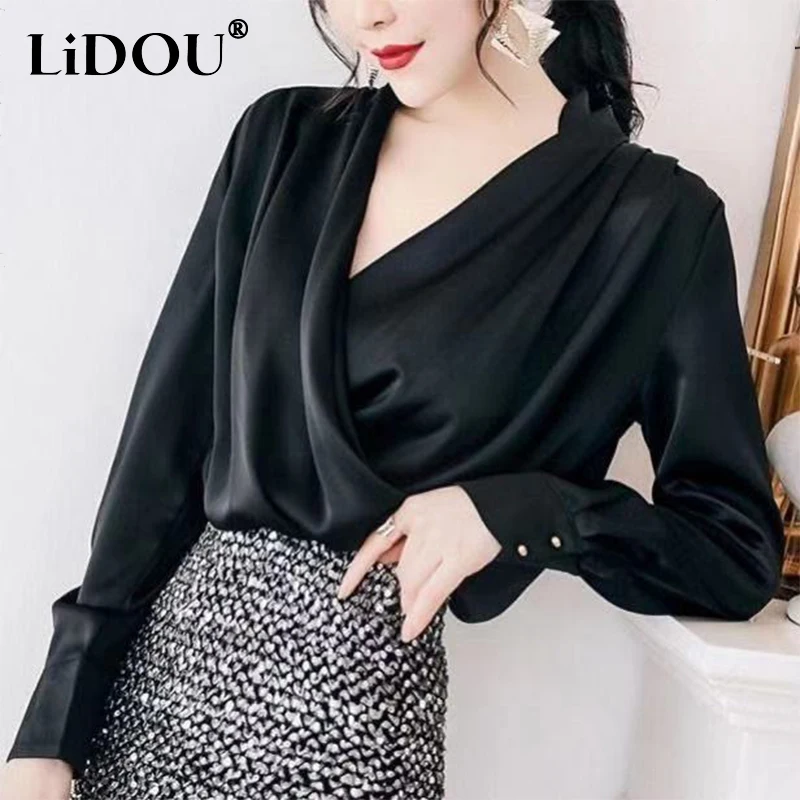 Blus Wanita lengan panjang, Atasan wanita blus lengan panjang, blus Semua cocok, warna Solid, kemeja Satin leher-v silang, busana elegan, musim semi, musim gugur