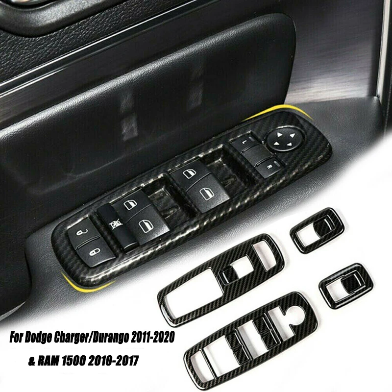 4Pcs Carbon Fiber Look Car Window Lift Switch Panel Cover Button Trim Stickers For Dodge RAM 1500 2010-2017 Auto Interior Parts