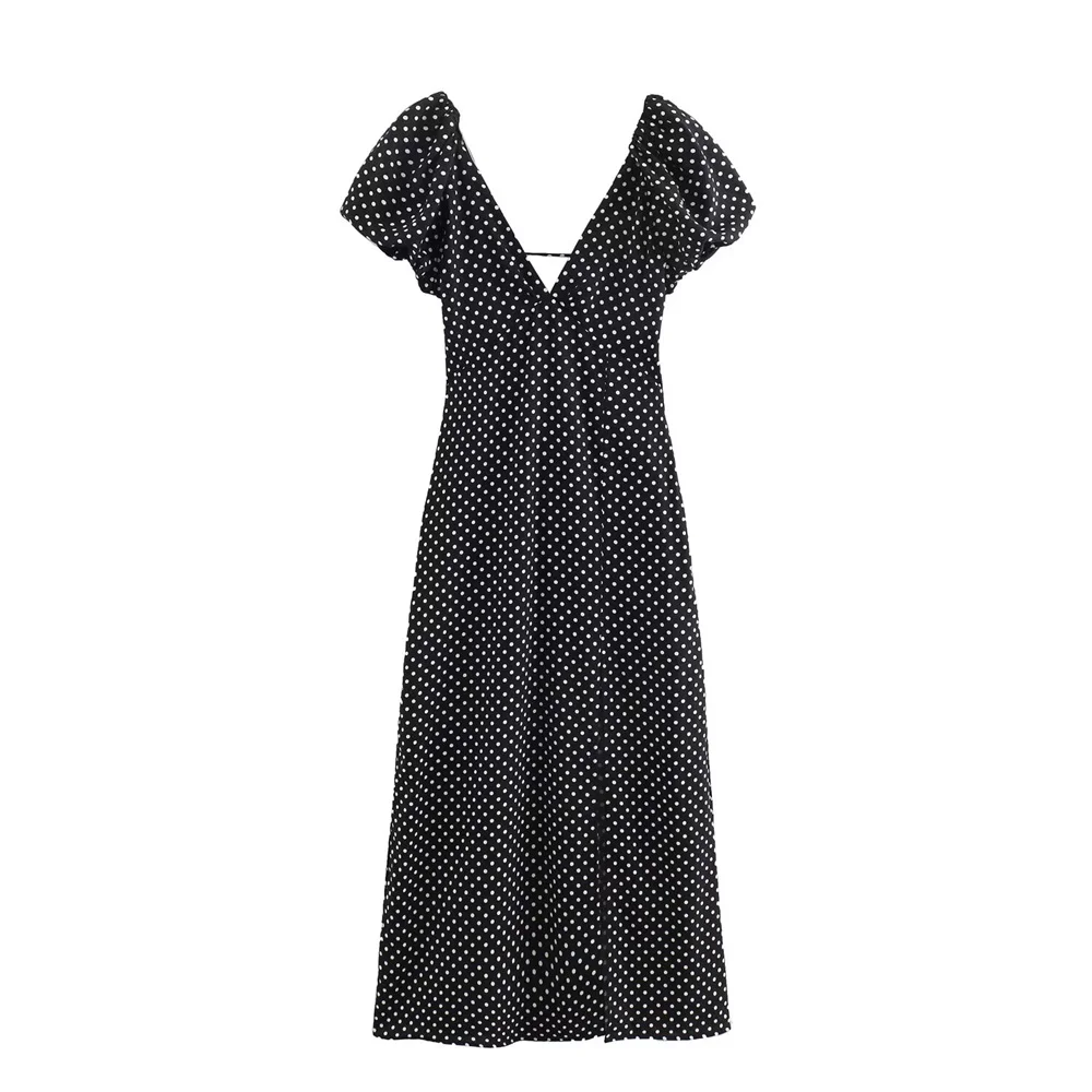 Kar&Otza 2024 Summer New Women's V-neck Casual Fashion Versatile Backless Polka Dot Midi Pleated Dress