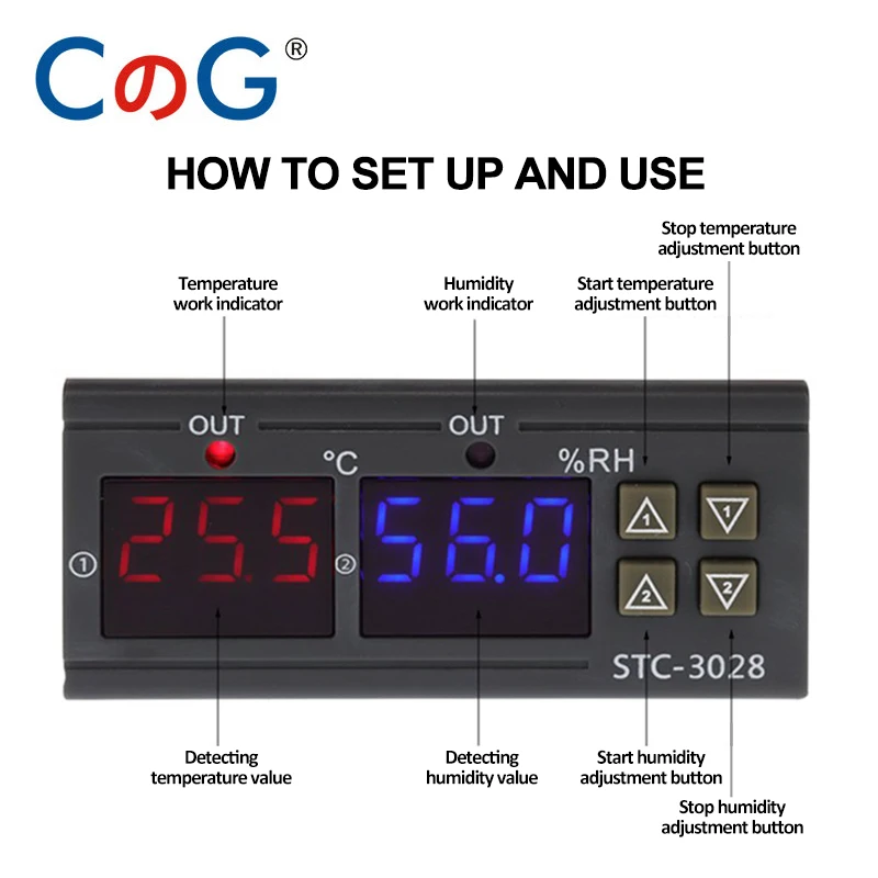 CG STC-3028 12V 24V 220V Dual Digital Temperature Humidity Controller Heating Cooling Thermoregulator Thermostat for Incubator