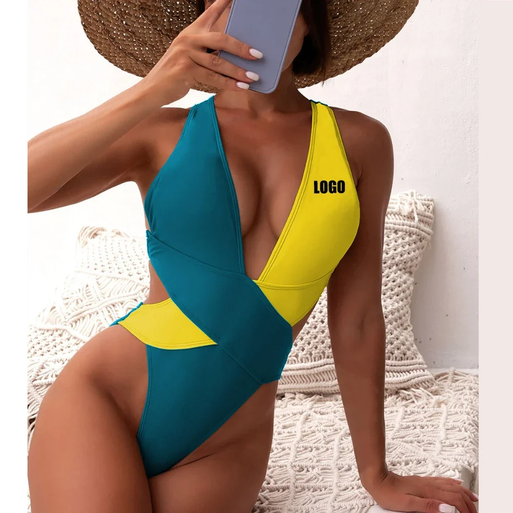 Custom LOGO new one-piece swimsuit splicing bikini European and American swimsuit women's cross swimsuit color matching bikini