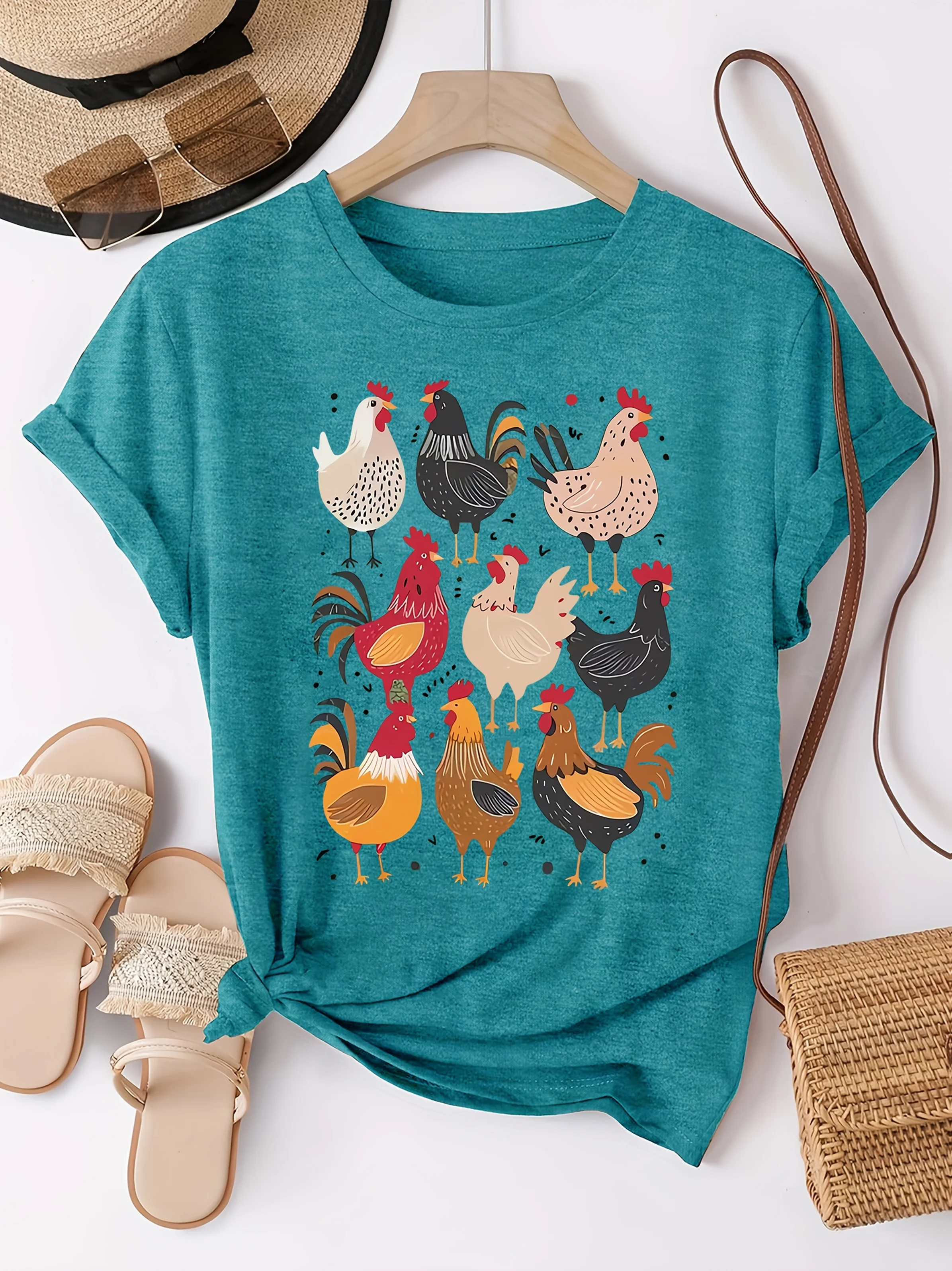Women Crew Neck Rolled Short Sleeve T-Shirt Farm Chicken Rooster Animal Print Casual Summer Daily Tees