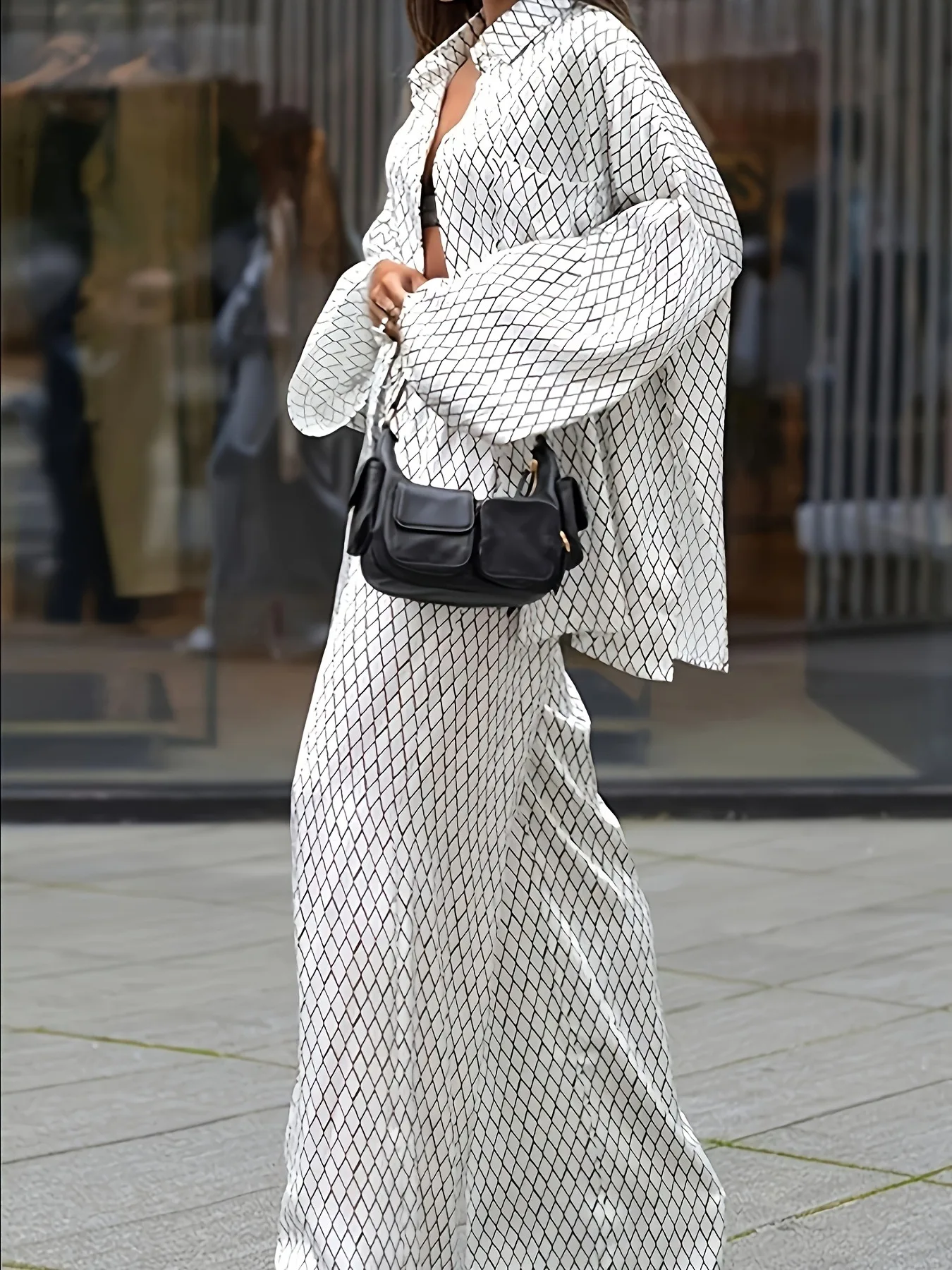 2025 幾何学模様プリントスーツシャツ長袖パンツセット、ゆったりとした快適なツーピーススーツパンツ、スタイリッシュでエレガント、スーツ