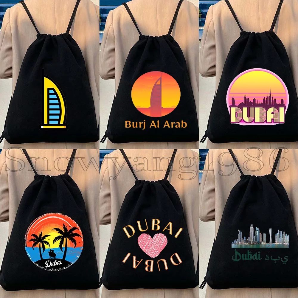 Mochila con cordón de lona con diseño de rascacielos emiratí de los Emiratos Árabes Unidos, Burj Khalifa, Heart Dubai Skyline, United Arab Emirates Sunset