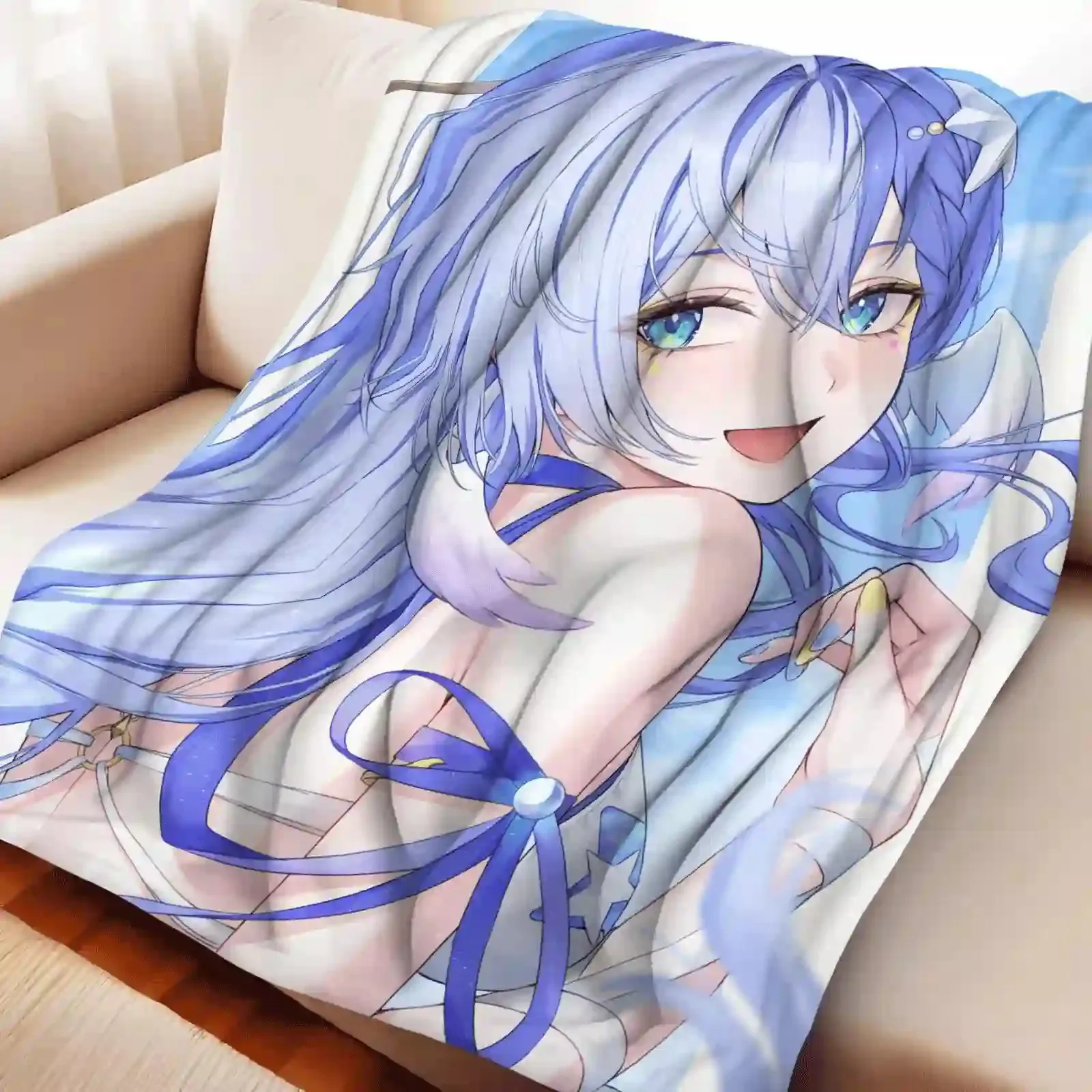 Robin Anime Flannel Throw Blanket Print Gradient Long Hair Blue Ribbon Star Swimsuit Theme Lightweight Warm Blanket