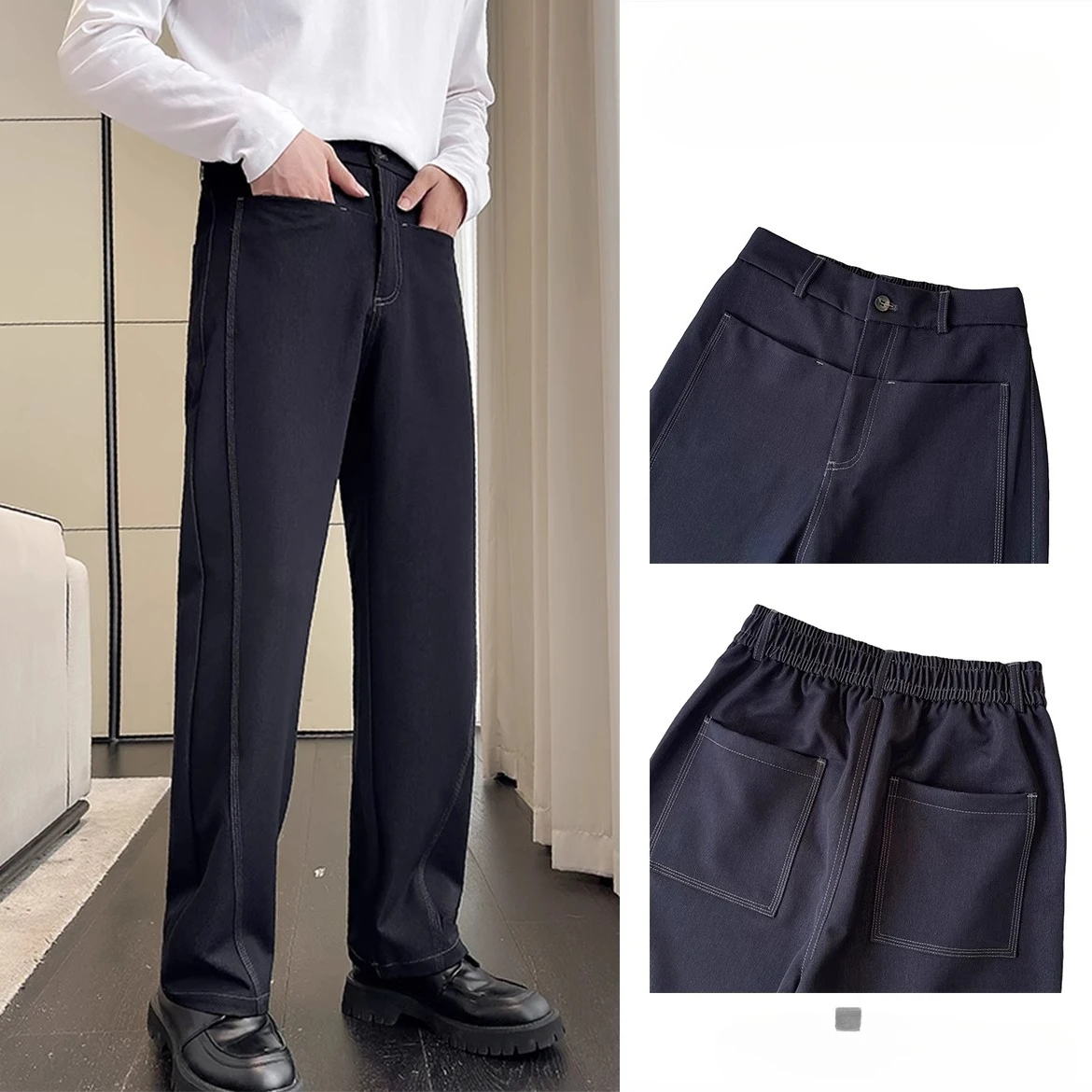 

Korean Autumn Casual Pants for Men Personalized Pocket Decoration Straight Pants Trendy Elastic Waist Wide Leg Pants Street Wear