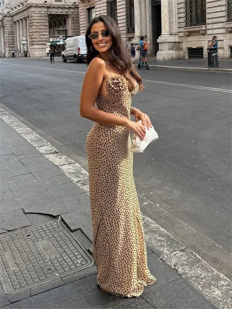 

Leopard Floral V-Neck Halter Dresses For Women Backless Printed Slim Printed Patchwork Spaghetti Dress Female Long Dress