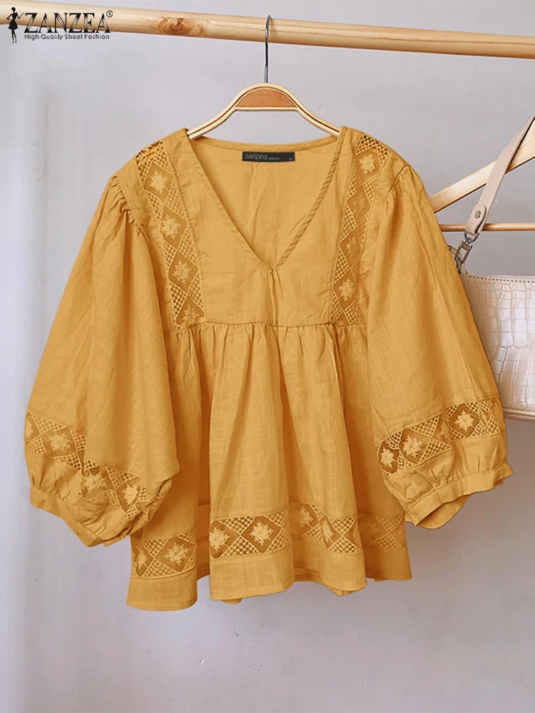 

2025 ZANZEA Summer Blouses Women Lace Tunics Fashion 3/4 Sleeve Casual Loose V-Neck Tops Holiday Shirts Oversized Blusas Femme