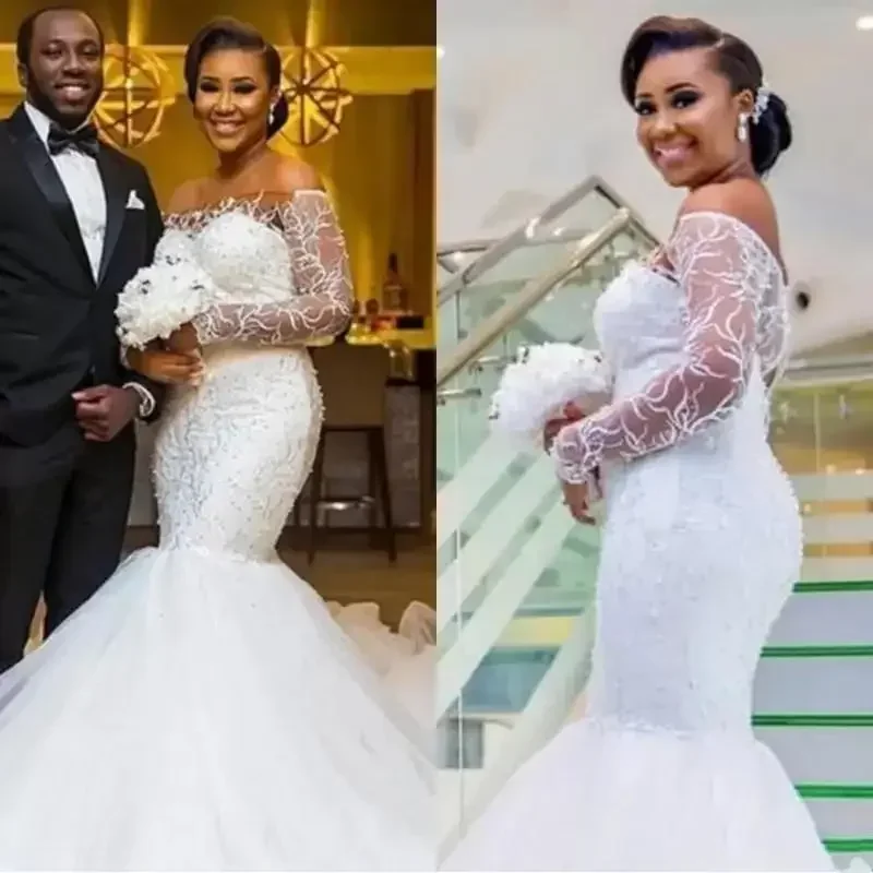 

Customized Mermaid Wedding Dresses Off Shoulder Illusion Lace Beads Long Sleeves Open Back Court Train African Black Girl Bridal