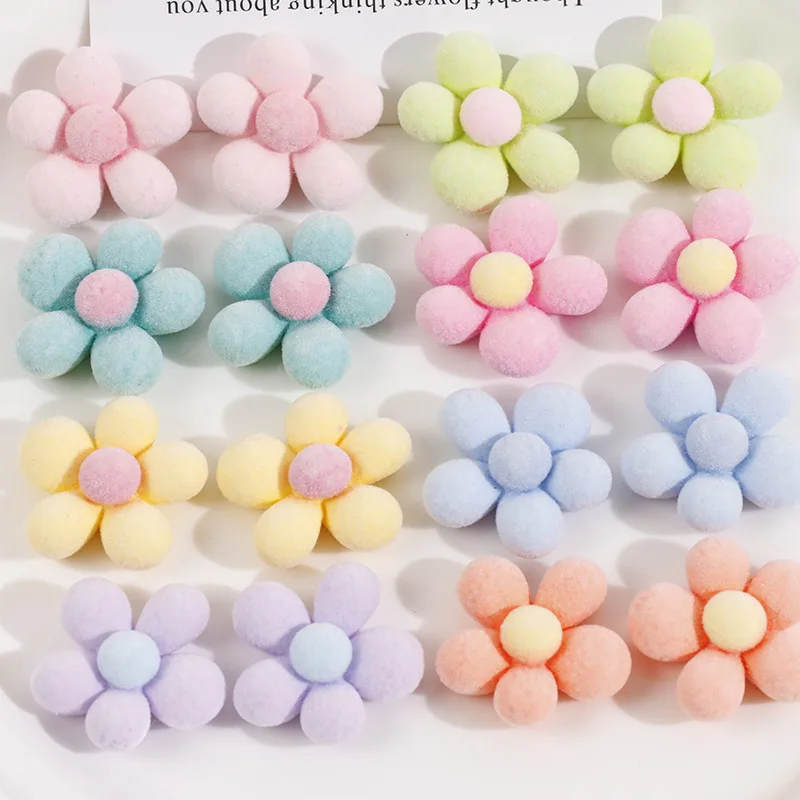 DIY Jewelry Findings Spring Pastel Colors Wool Felt Velvet Spring Flowers Resin Cabochons Ornament Garment Cameo 30*11mm 60pcs