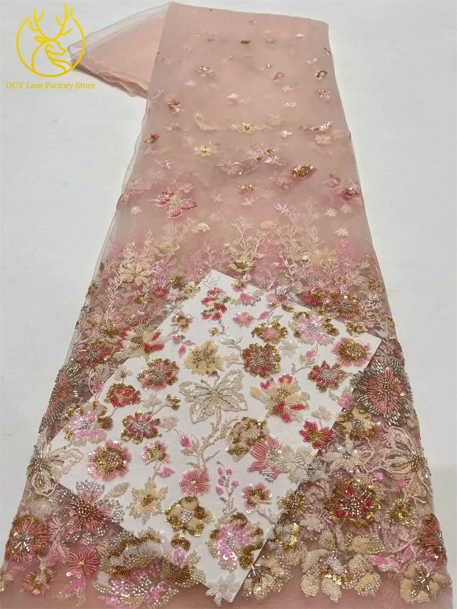 5 Yards afrikanischer handgefertigter bestickter Spitzenstoff, hochwertige französische Pailletten-Tüllspitze, nigerianisch, für Brautkleider – Detail 8