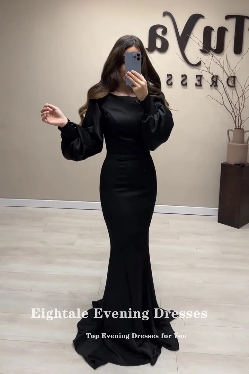 Eightale Formal Women\'s Evening Dresses Arabic O-Neck Black Long Sleeves Customized Satin Mermaid Party Prom Gown robe de soirée