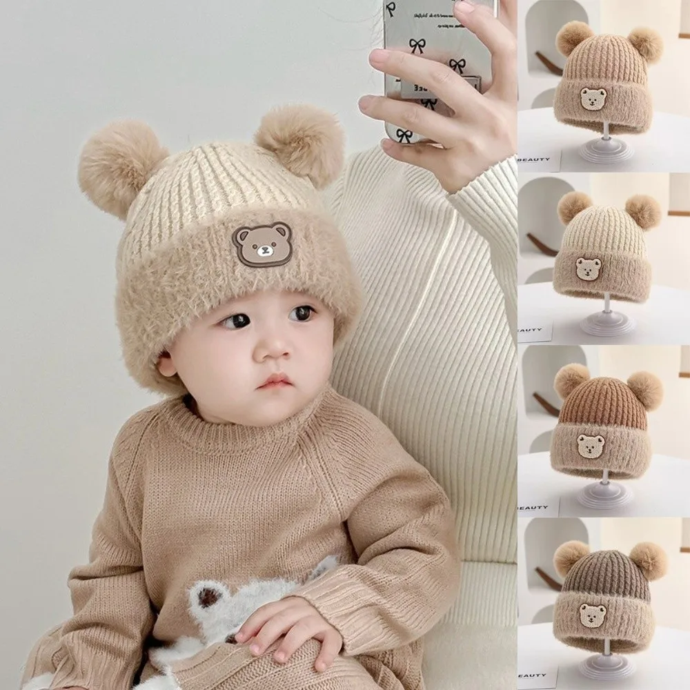 

New Warm Knitted Hat Coldproof Cute Bear Ear Protection Hat Windproof Pompom Pullover Cap Outdoor Sports