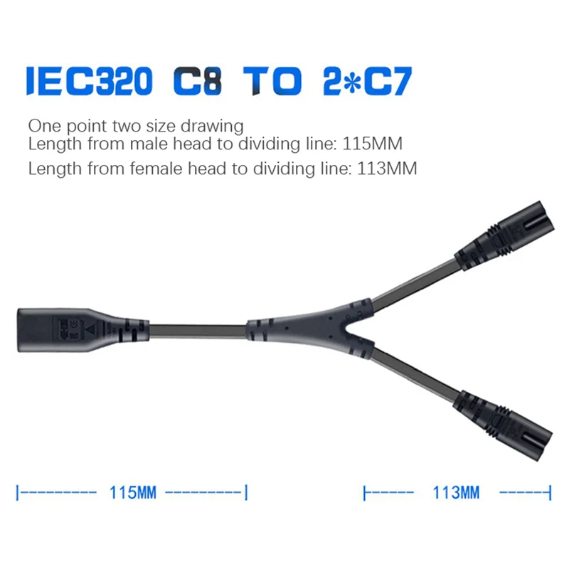 ABKQ-10X IEC320 C8 إلى 2X C7 Y سلك طاقة تيار متردد سبليت، IEC الشكل 8 ذكر إلى 2 أنثى 1 في 2 خارج كابل طاقة التيار المتردد