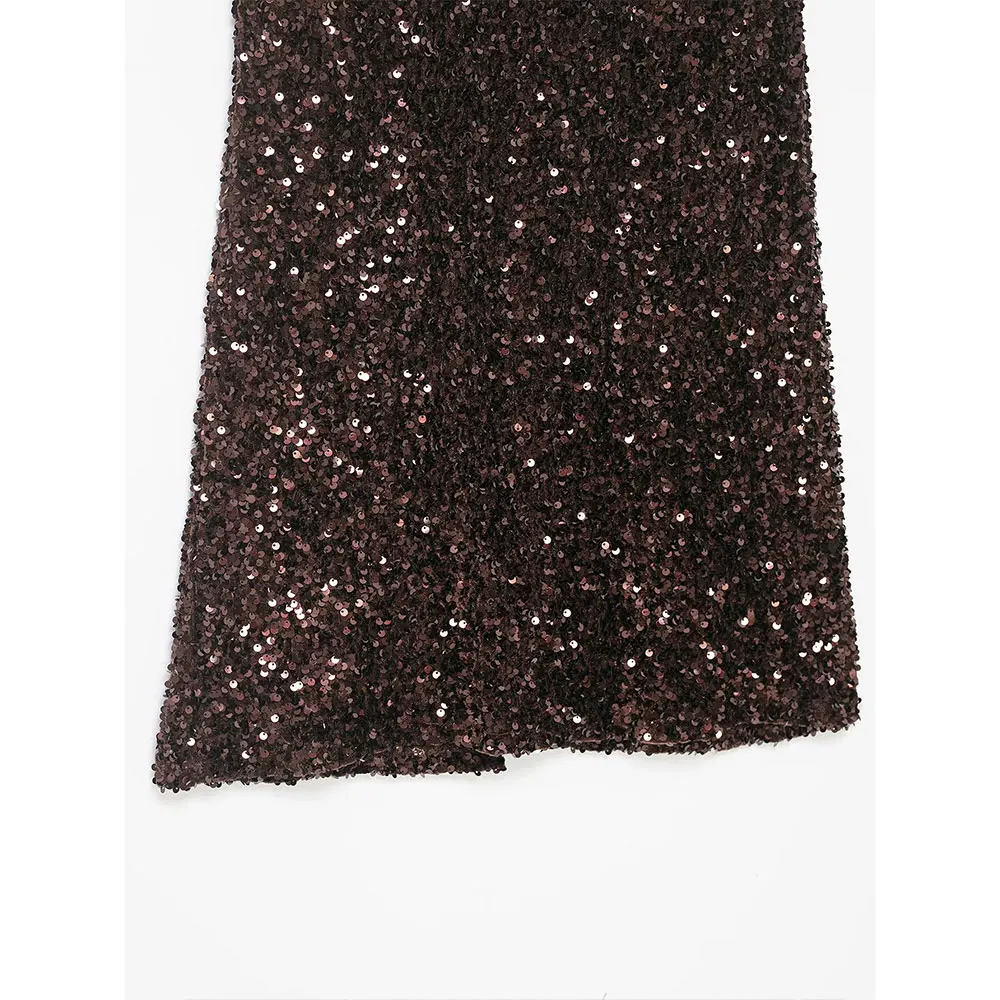 DUOPERI Falda recta con abertura en la espalda de café con lentejuelas para mujer Y2K cintura elástica faldas largas elegantes para mujer