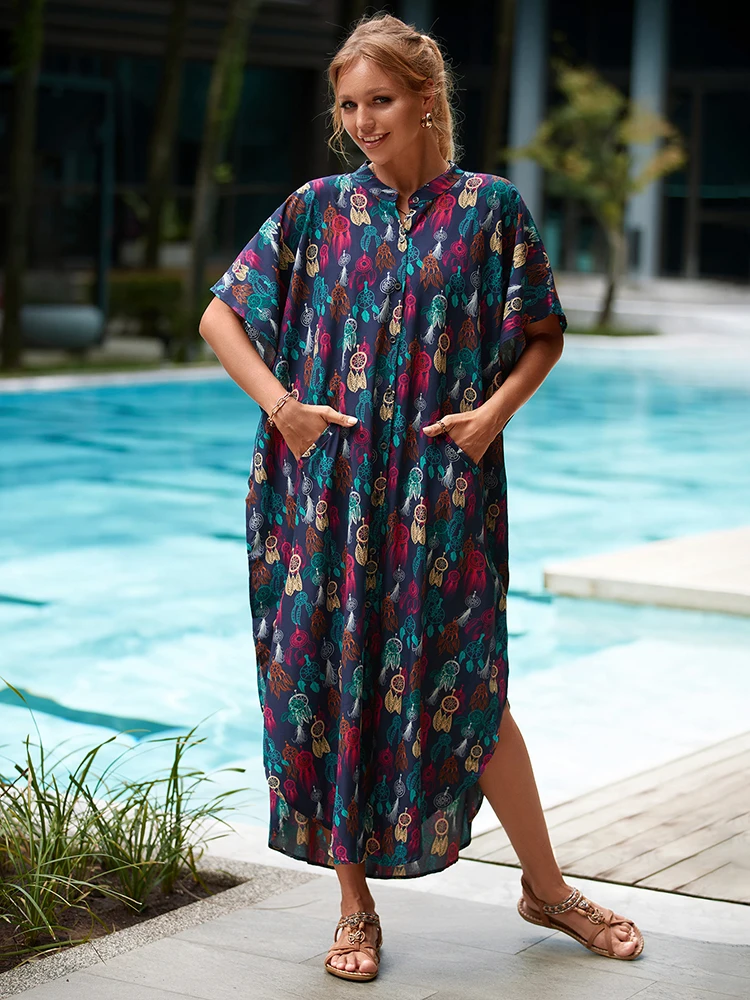 Cover-ups 2024 Kaftan Beach Print SnakeSkin Swimsuit Cover Up Kimono Plage Beach Robe Femme Long Dress Sarong Dress Beachwear