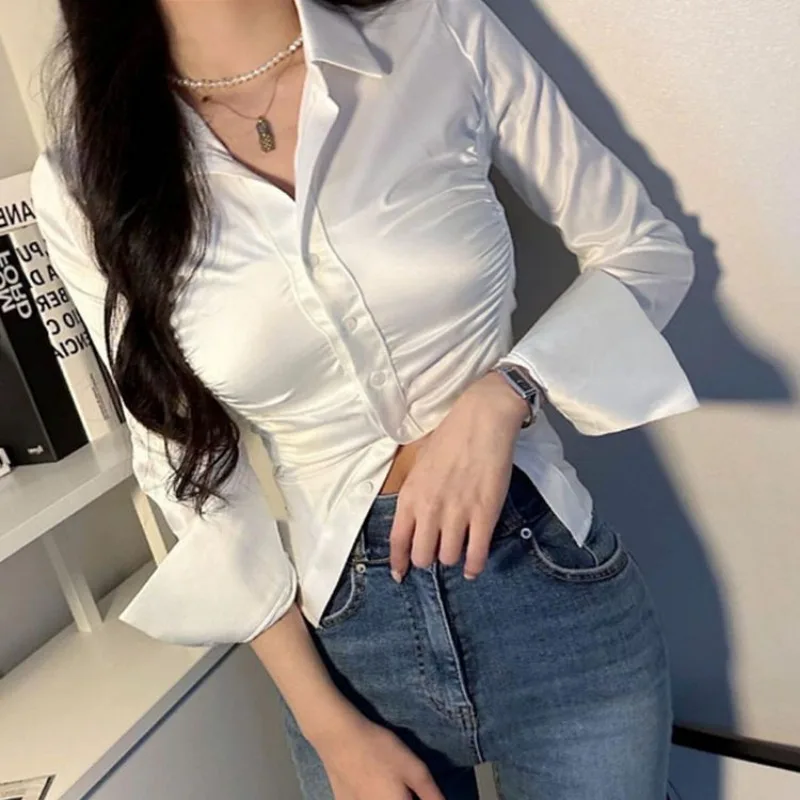 Women Polo Shirt Korea Streetwear Spring Summer New Temperament Self Cultivation Fold Lapel Collar Tight Fitting Sexy Chic