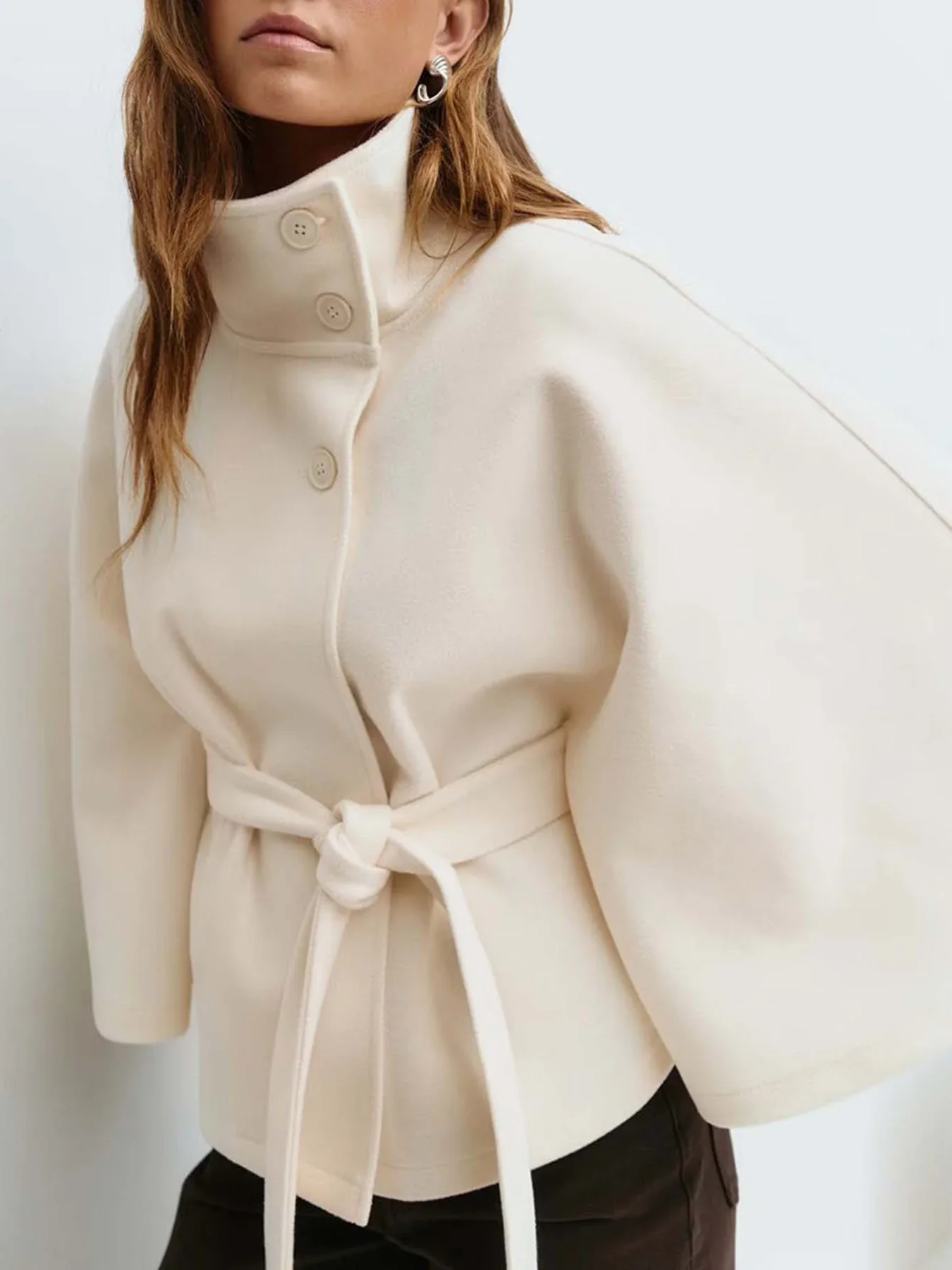Women Lace Up High Neck Jackets for Women with Belt Elegant Windbreaker Faux Wool Blends Cape Korean Solid Windbreaker Cloak
