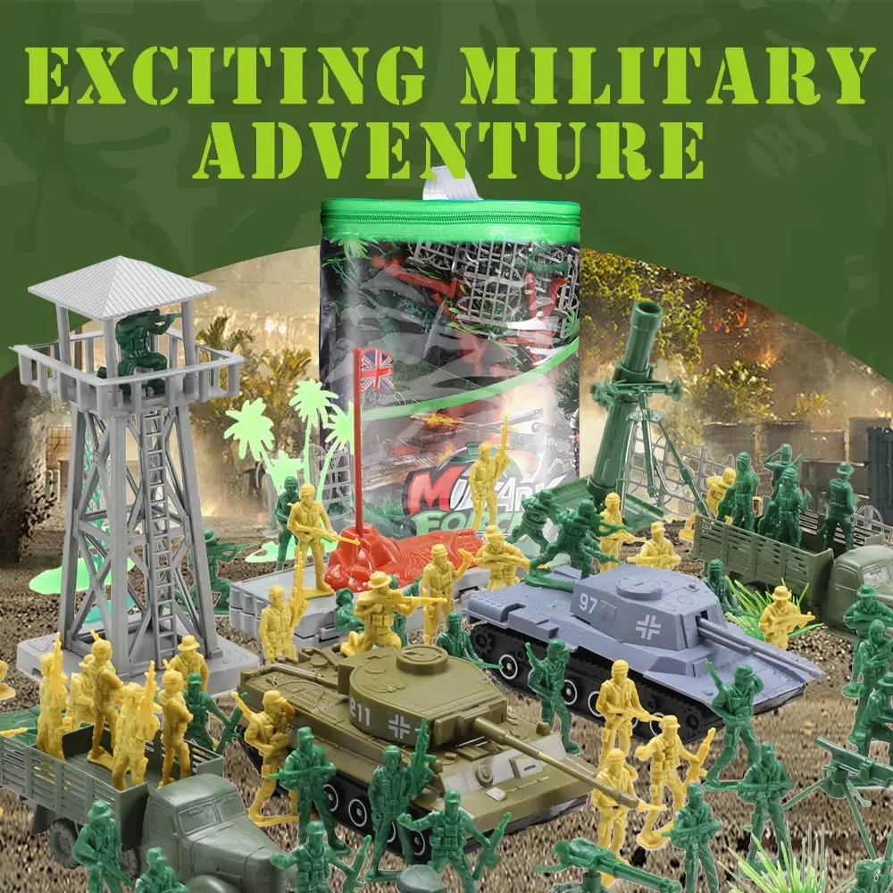 ViiKONDO Army Men Toy Military Playset Green Tan Soldier 150pcs Zipper Bag Special Force Battle Tank Model Fun Wargame Boy Gift