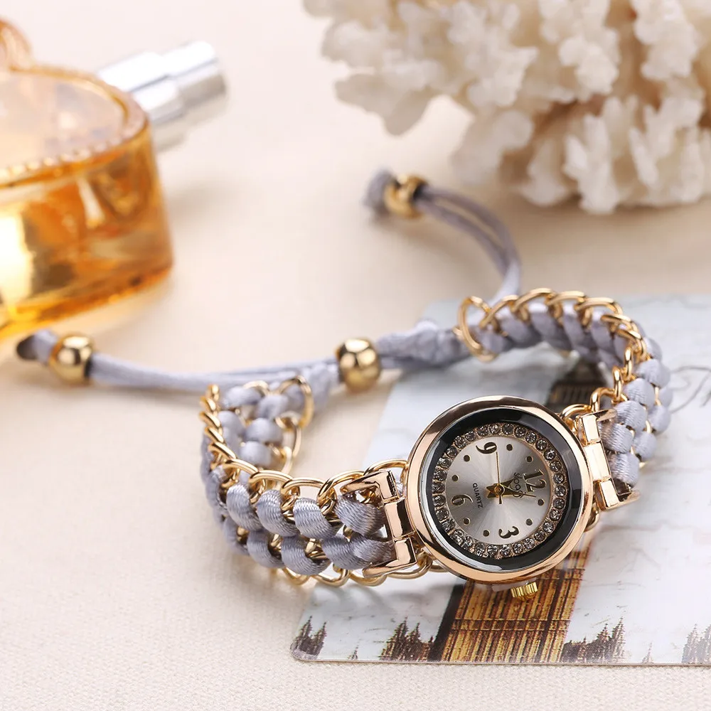 Popular Braided Rope Watch Fashion Women Quartz Watch Sparkling Rhinestone Adjustable Strap Gold Trim Trendy Wristwatch