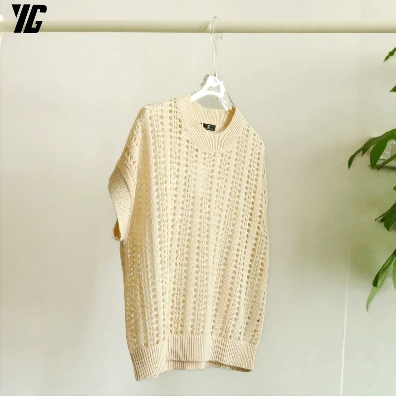 YG Summer New Linen Skin-friendly Khaki Comfortable Fashion Temperament All matching Hollow Design Loose Elegant Sweater Women