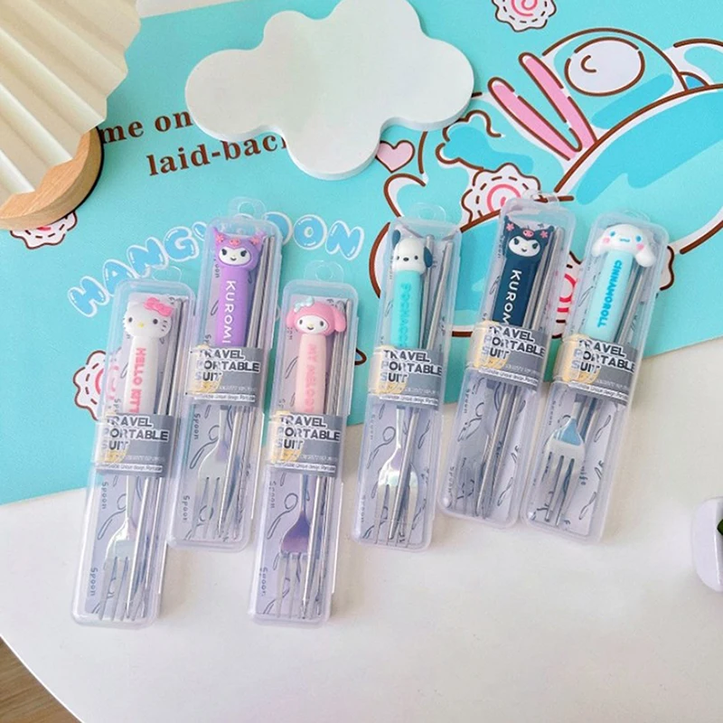 1Set Sanrio Hello Kitty Cinnamoroll Chopsticks Set 304 Stainless Steel Camping Portable Student Tableware Kawaii Kids Gift