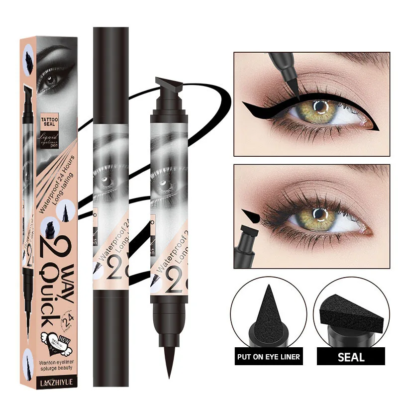Dual-Ended Stamp Eyeliner Pen, 2-in-1 Waterproof and Smudge-Proof Black Eyeliner with Triangular Tip, Long-Lasting Precision
