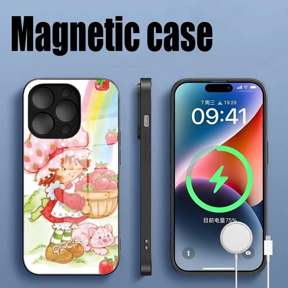 

Vintage Strawberry Shortcake Phone Case Tempered Glass For IPhone 16 15 14 13 12 11 Pro Max Plus Magnetic charging phone case