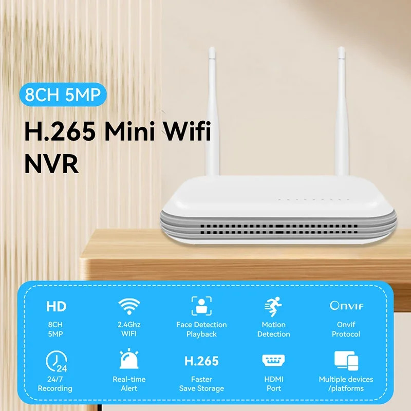 10CH WiFi NVR Recorder H.265 Wireless Network Video Recorder 5MP 8MP TF Card Slot Face Detection Wireless Security Camera System